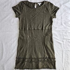 J Jill Womens SP Petite Moss Green Short Sleeve Fringe Dress Pockets